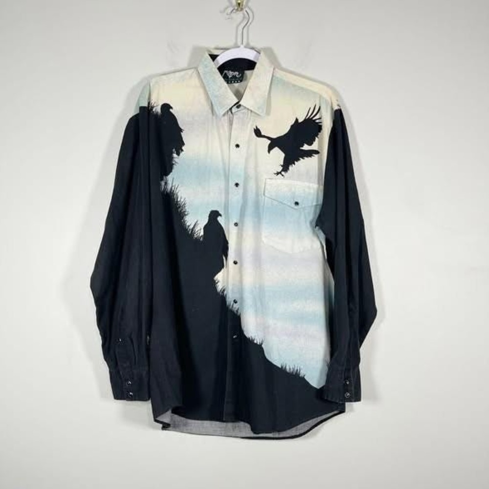 Vintage Roper Western Shirt Mens Lg Black Blue Pearl Snap Eagles Mountains USA